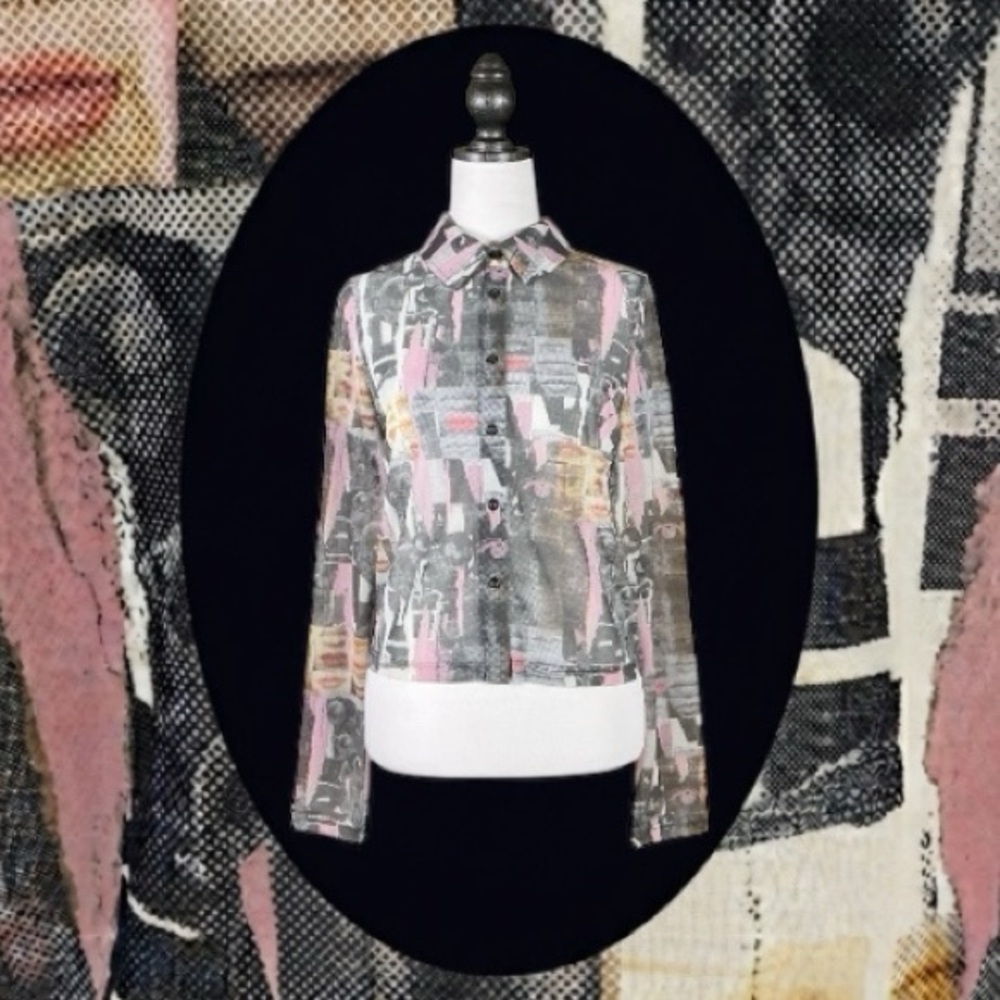 The Ragged Priest Multicolored Mesh Abstract Eyes Lips Print Long Sleeve Top 14 - Picture 1 of 9
